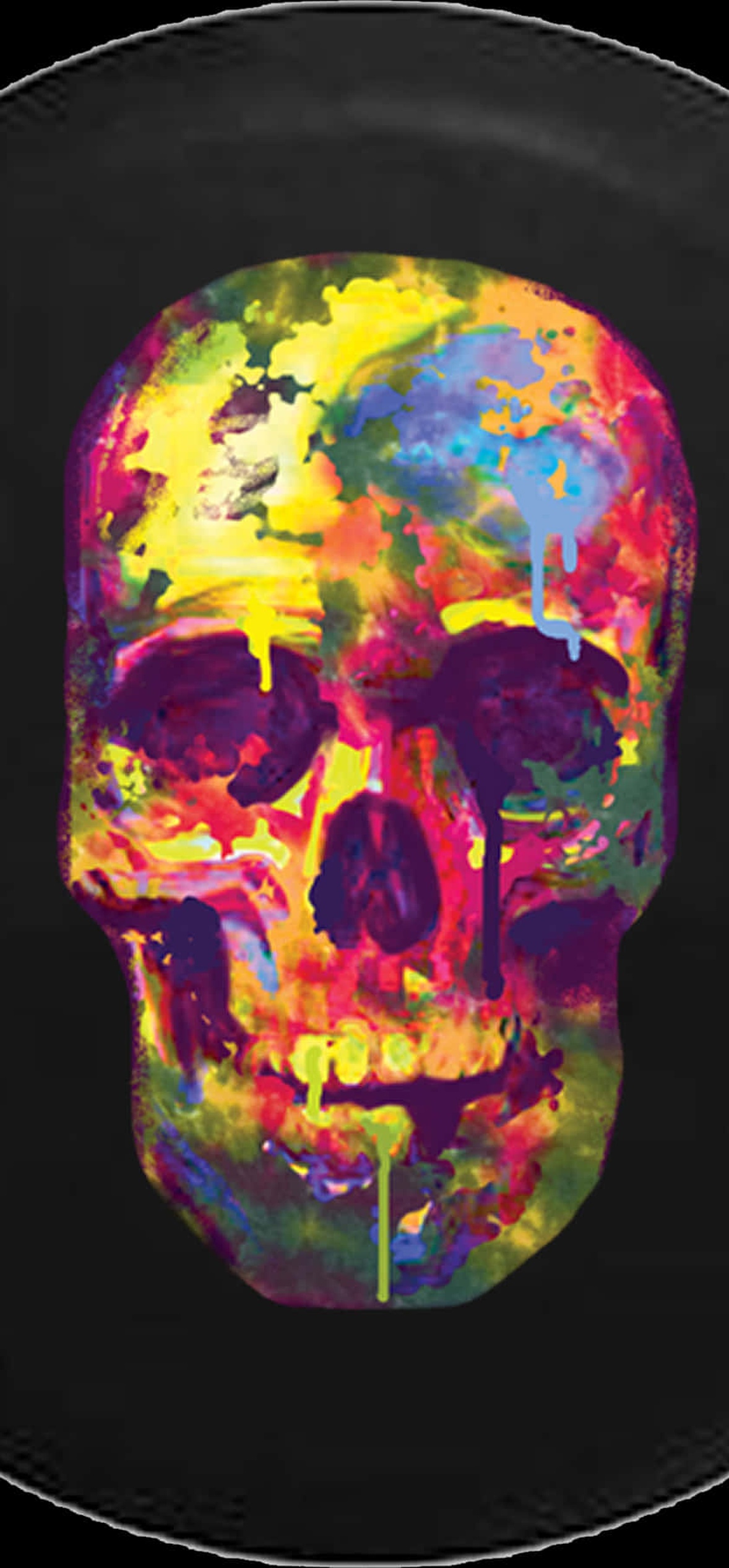Colorful dripping paint skull on black circular background