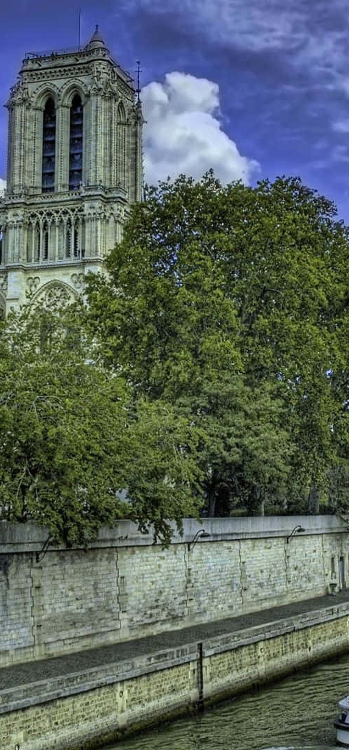 Notre Dame Cathedral viewed from the Seine River with a tour boat passing by.