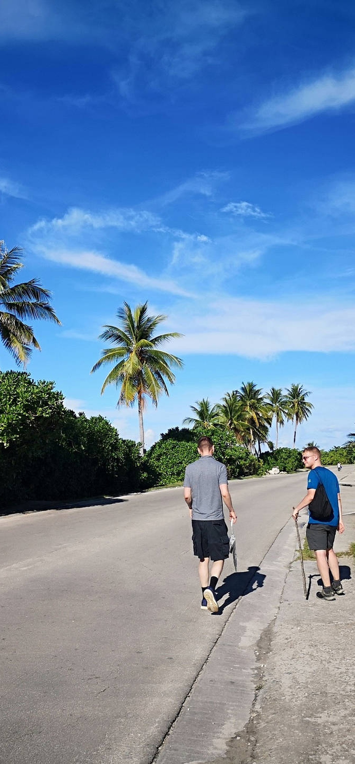 Two people walking on a tropical road with palm trees and blue sky.