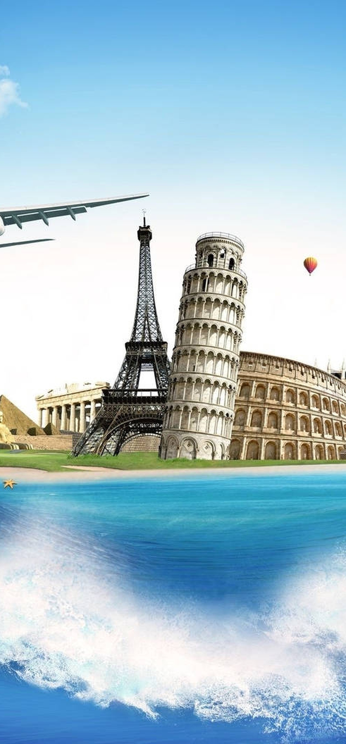 Global landmarks floating on a wave with airplane flying overhead.