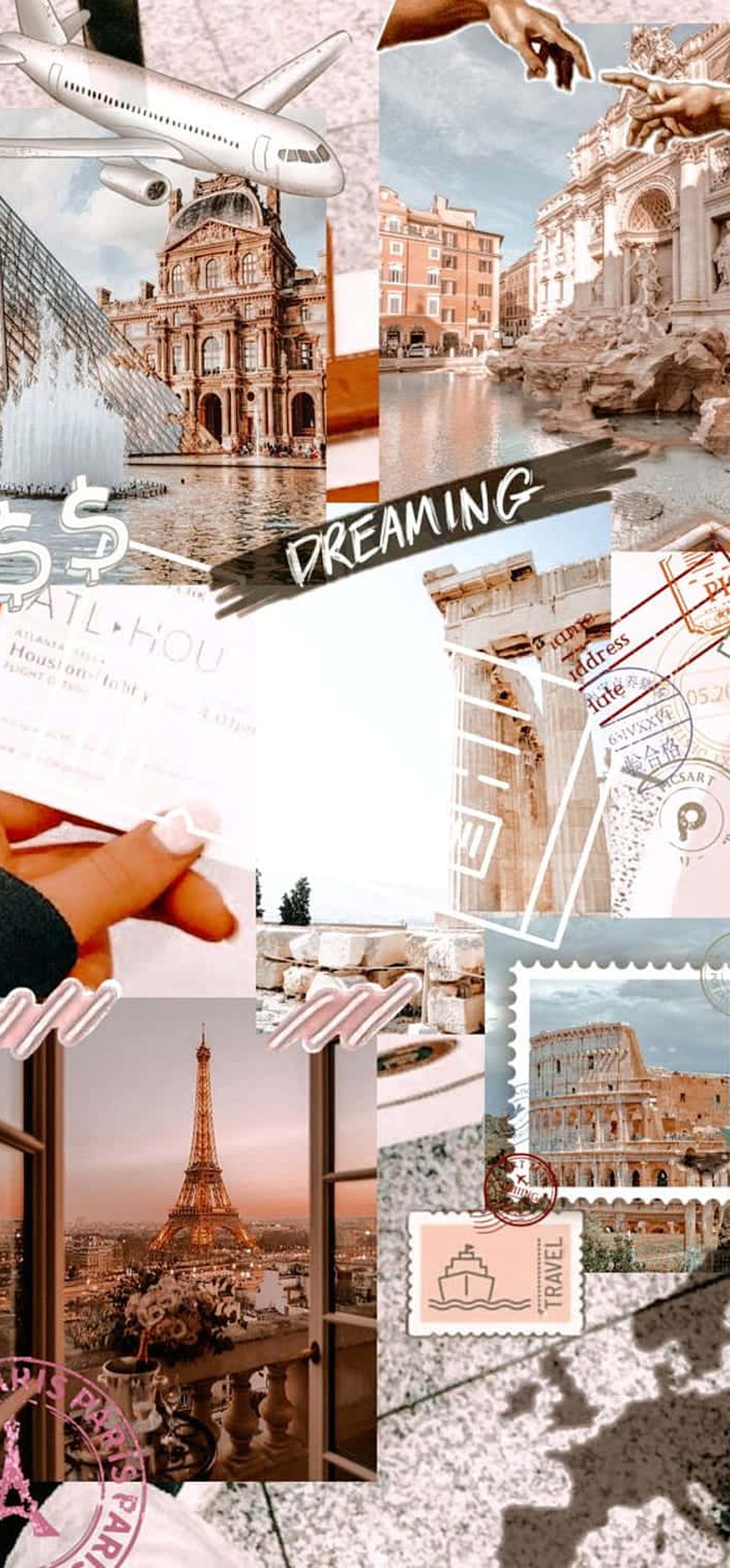A collage of travel-themed images including landmarks and stamps with the word dreaming.