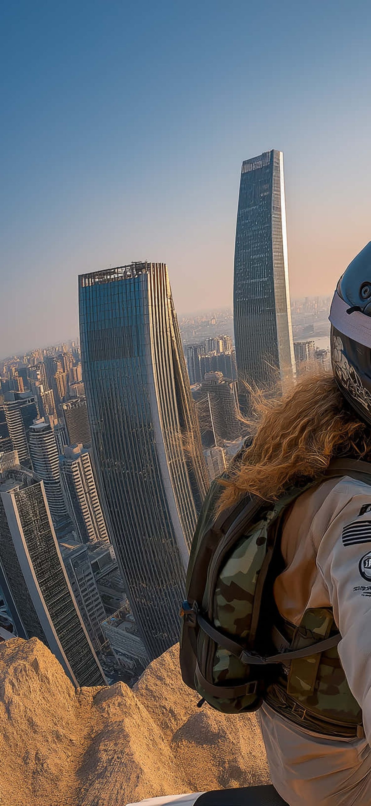 Biker On A Mountaintop Overlooking A Modern City At Sunrise – Ultra HD iPhone 18 Landscape Wallpapers