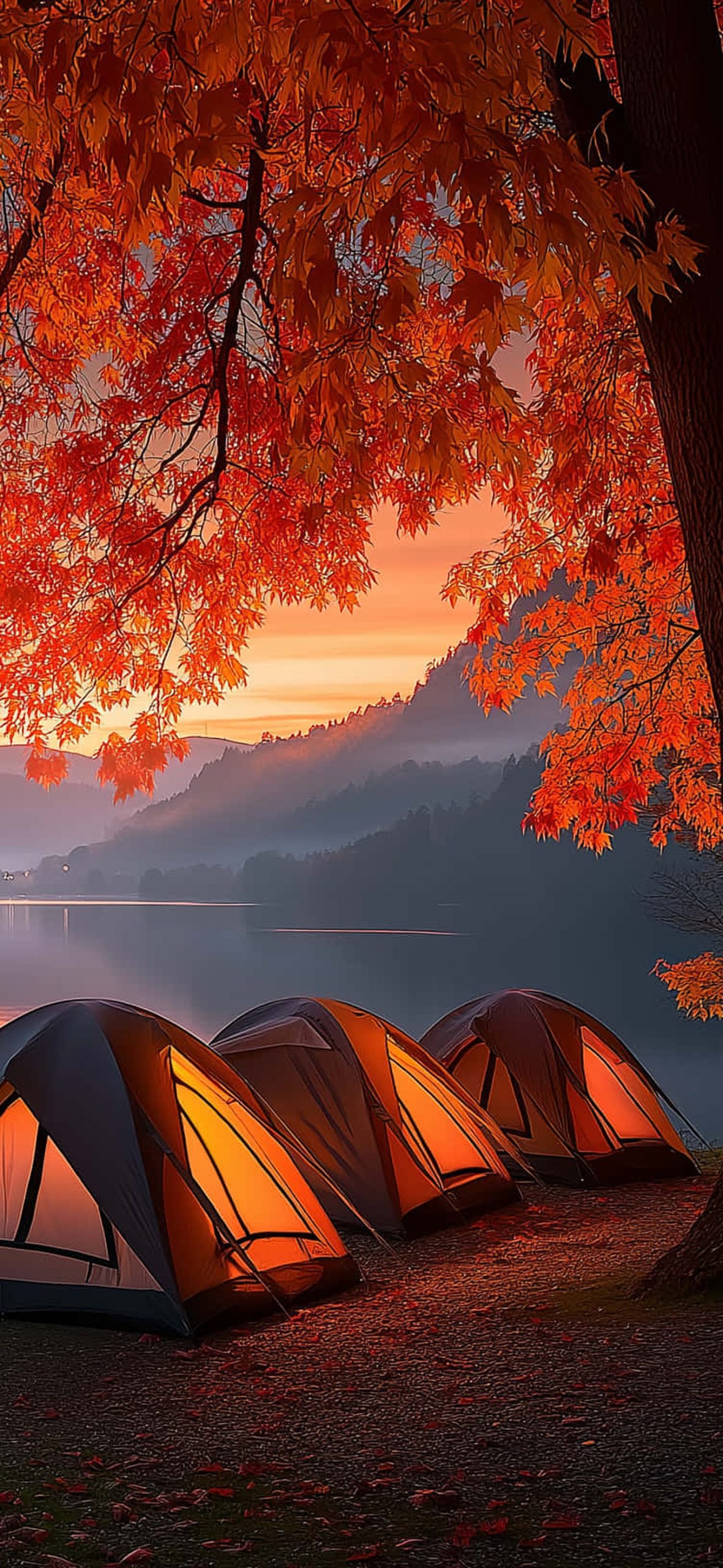 Lakeside Camping With Tents Mountains At Sunrise – Ultra HD iPhone 18 Landscape Wallpapers
