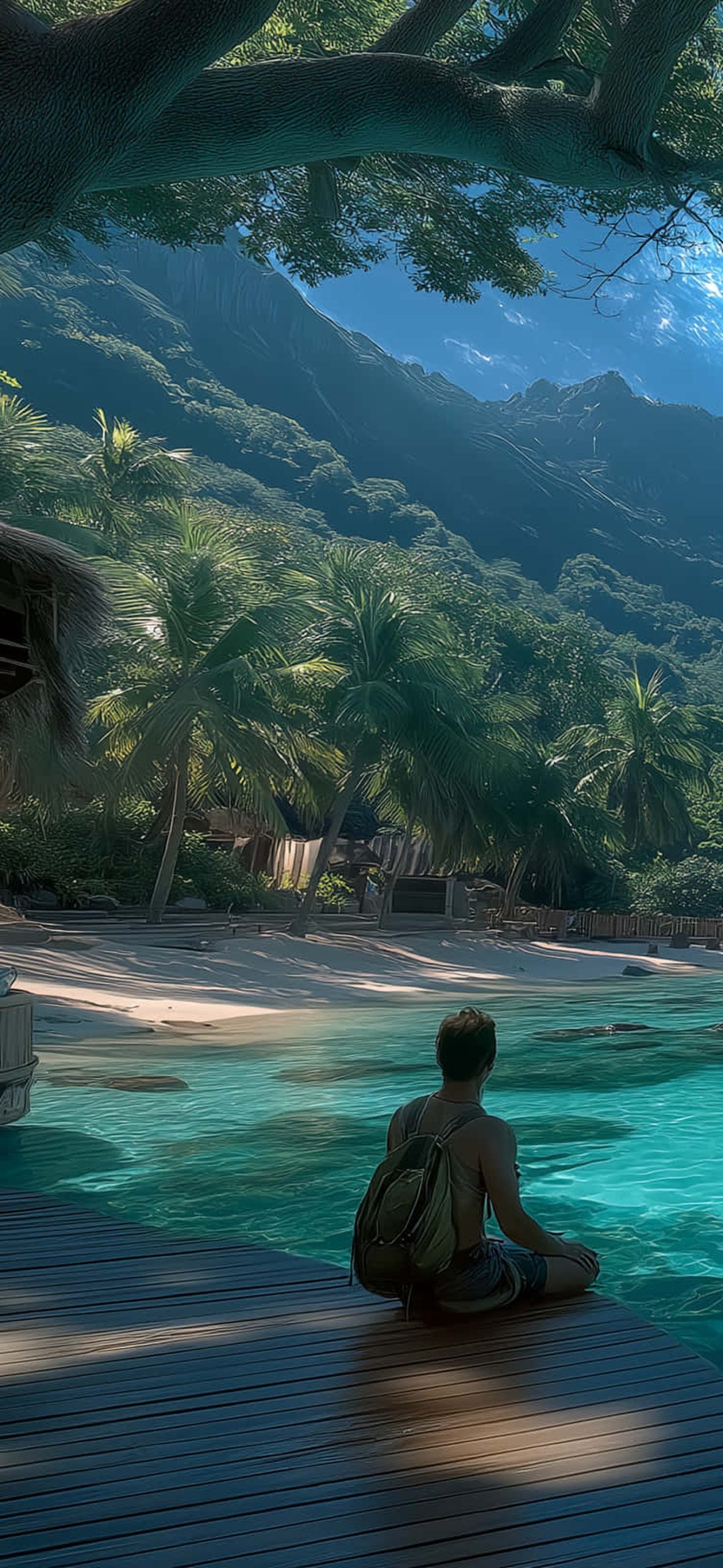 Solo Traveler Meditating On Dock In Tropical Paradise – Ultra HD iPhone 18 Landscape Wallpapers