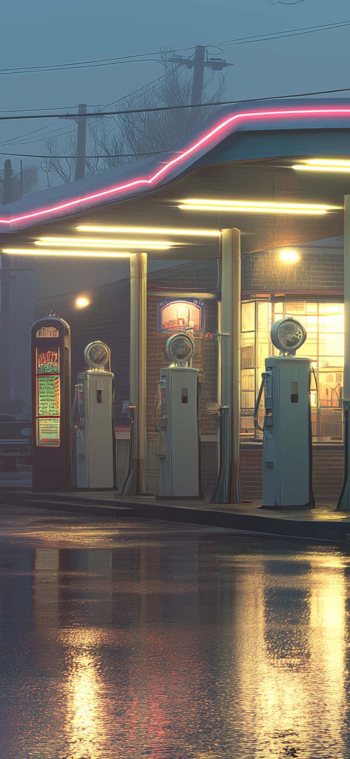 Vintage Auto At A Retro Service Station On A Wet Night – Ultra HD iPhone 18 Landscape Wallpapers