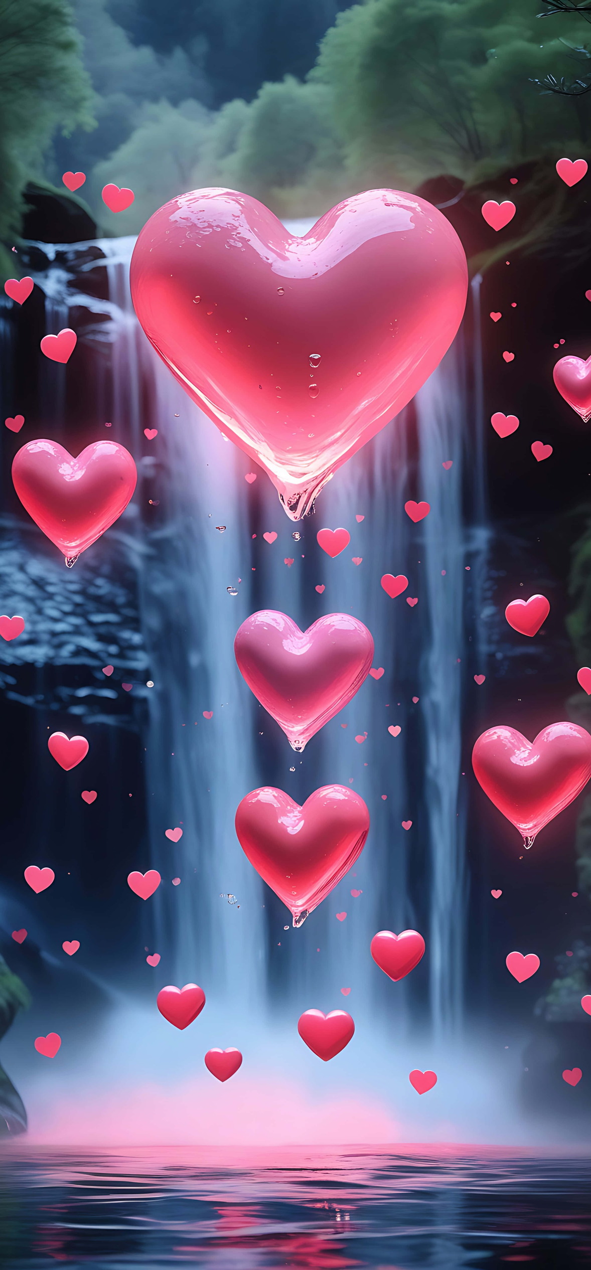 Floating Love Hearts Over Waterfall – Ultra HD iPhone 18 Nature Wallpapers