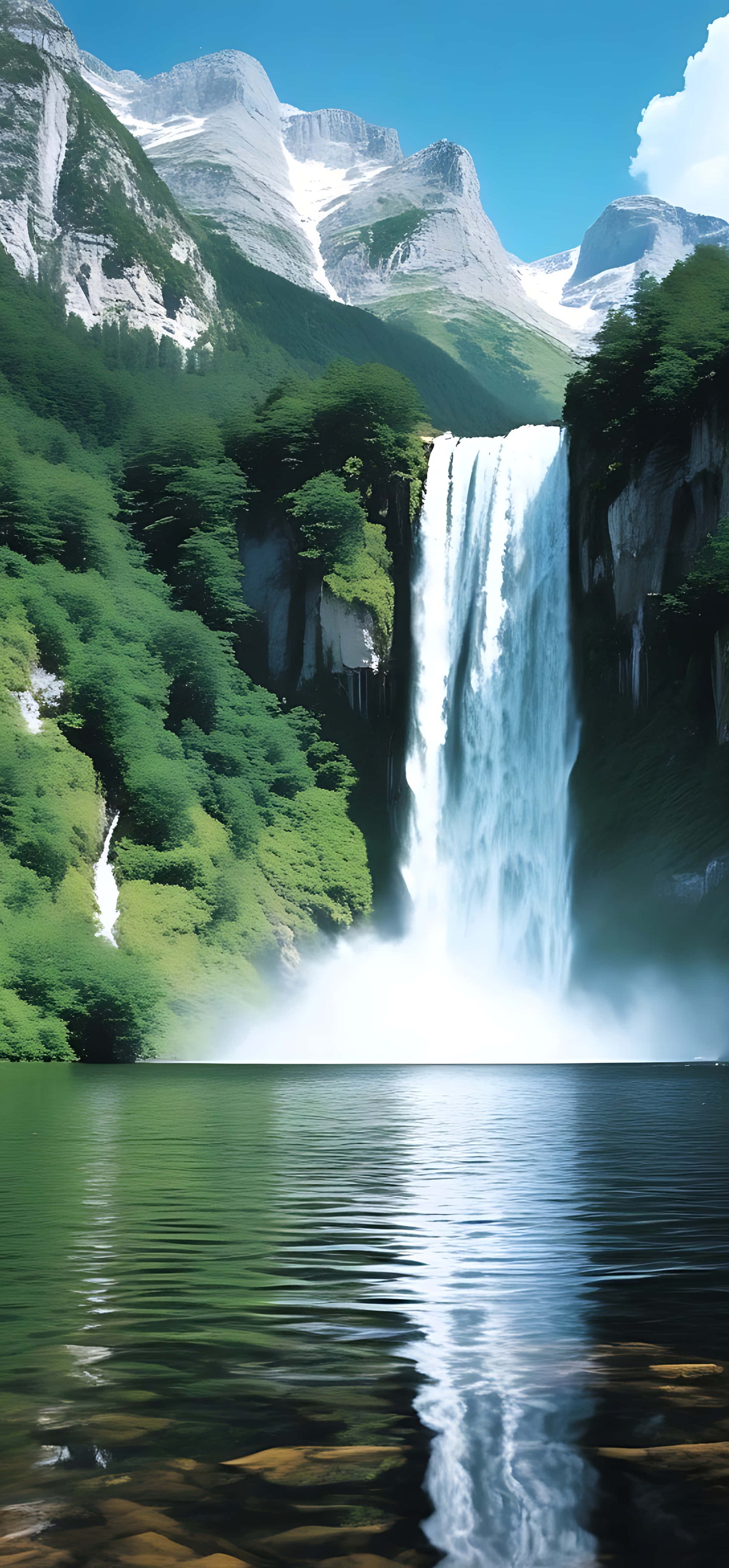 Majestic Waterfall Cascade with Snow-Capped Peaks – Ultra HD iPhone 18 Nature Wallpapers
