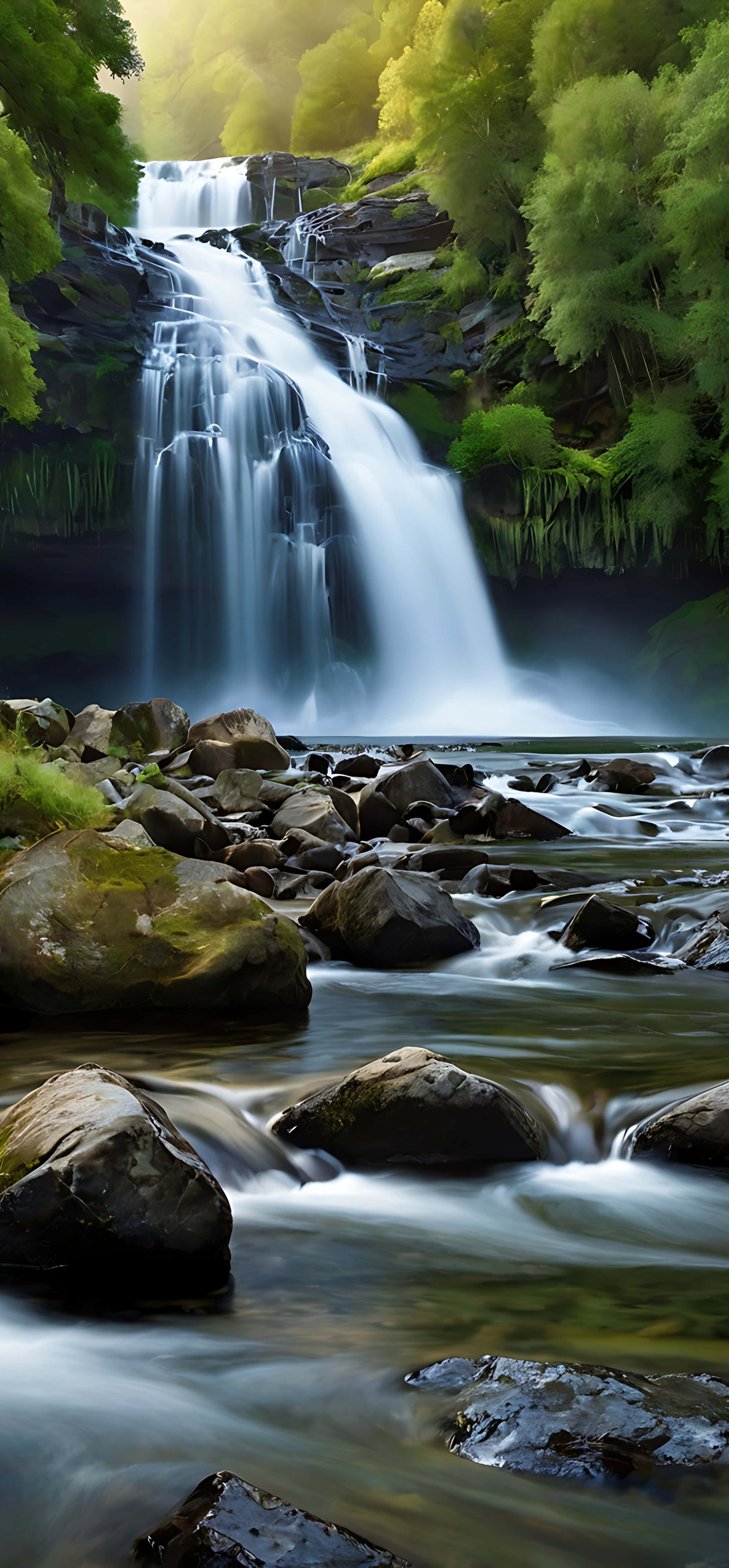 a cascading waterfall flows over rocks into a stream surrounded by green forest