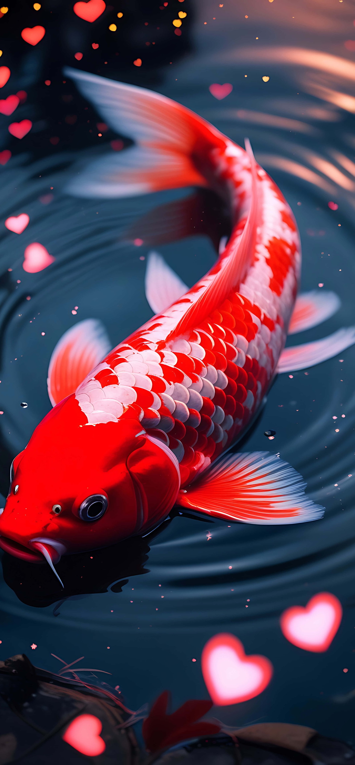 Red Koi Fish With Glowing Pink Hearts – Ultra HD iPhone 18 Nature Wallpapers
