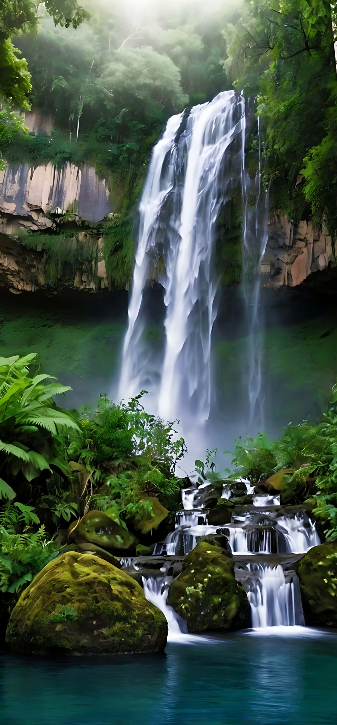 Towering Waterfall in a Remote Jungle Paradise – Ultra HD iPhone 18 Nature Wallpapers