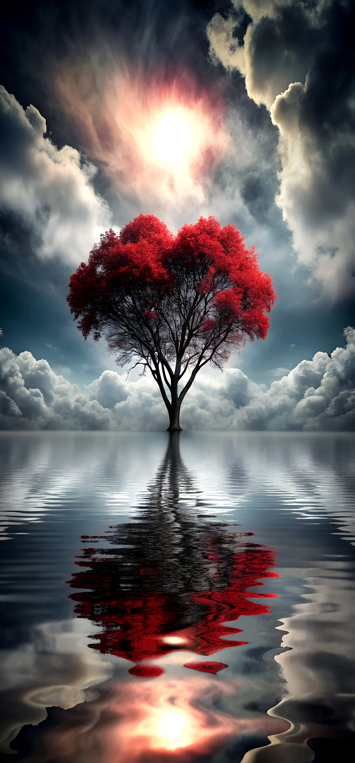 Red Leaf Tree In Calm Water At Sunset – Ultra HD iPhone 18 Nature Wallpapers