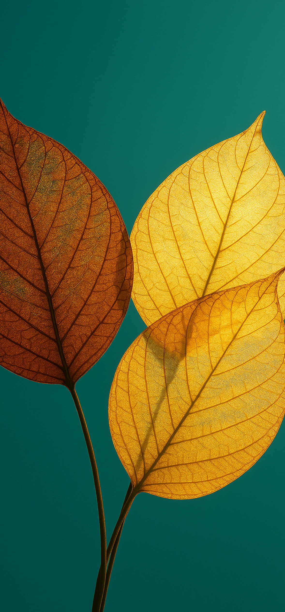 Glowing Autumn Leaves on Teal Background – Ultra HD iPhone 18 Nature Wallpapers