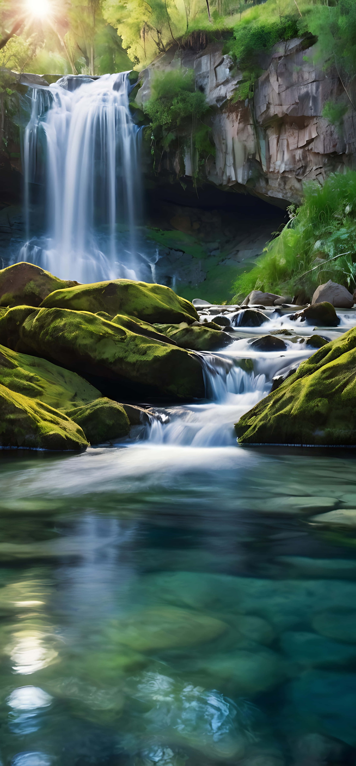 Sunlit Waterfall Flowing Into a Clear Pool – Ultra HD iPhone 18 Nature Wallpapers