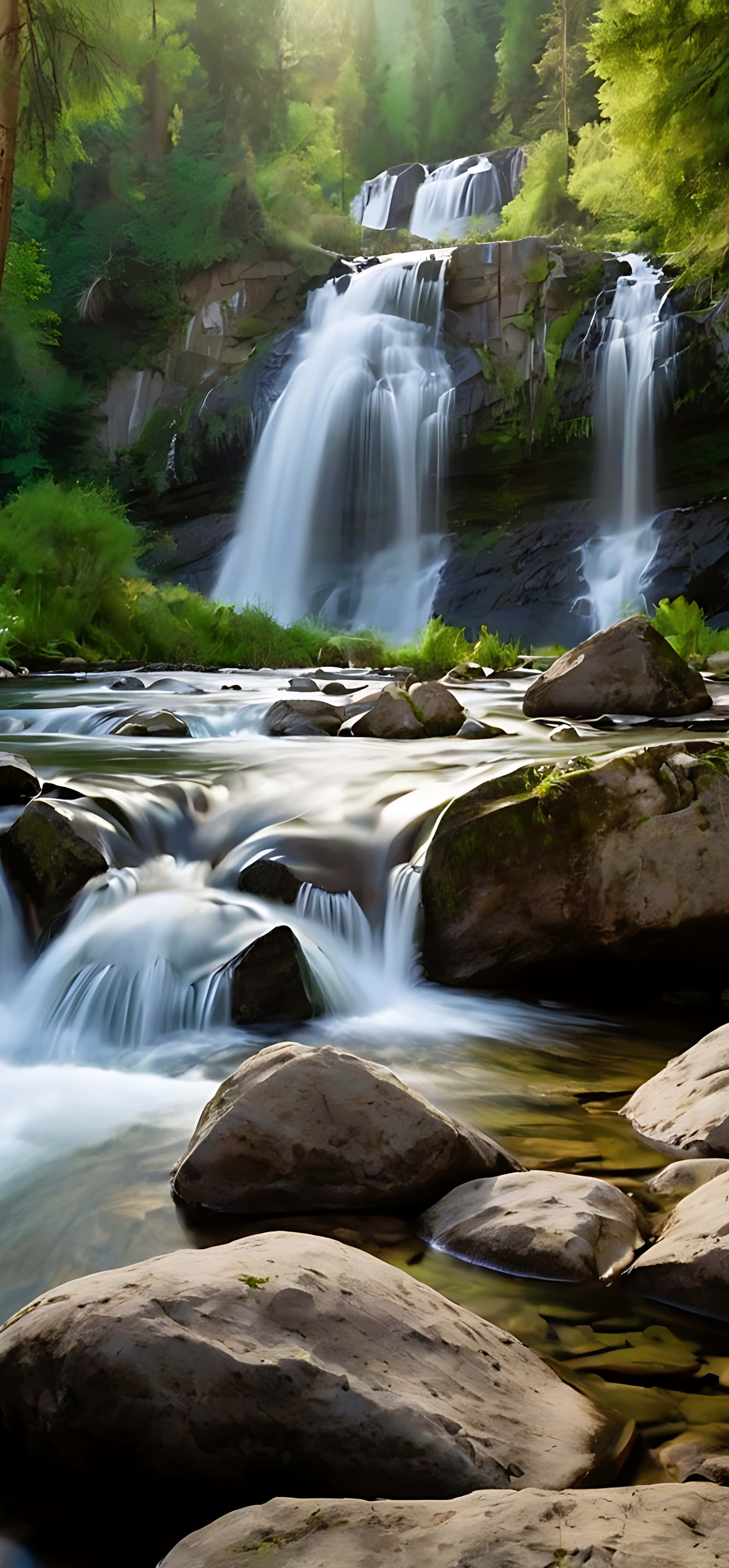 Cascading Waterfall Through Lush Green Forest – Ultra HD iPhone 18 Nature Wallpapers