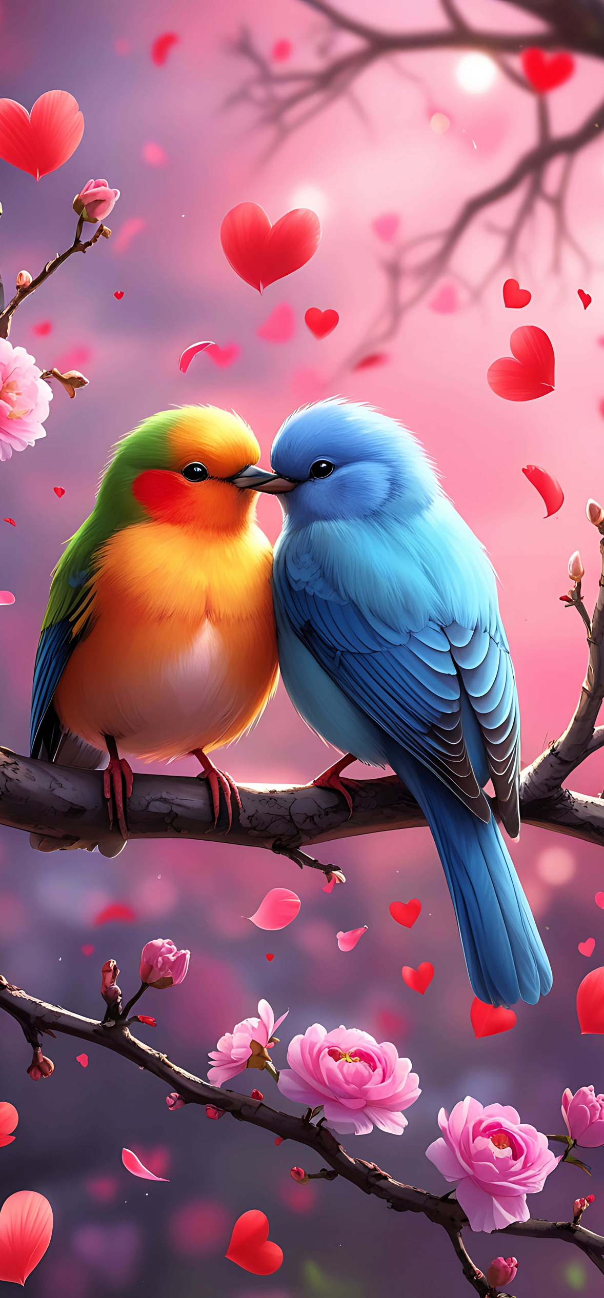 Love Birds On A Cherry Blossom Branch – Ultra HD iPhone 18 Nature Wallpapers