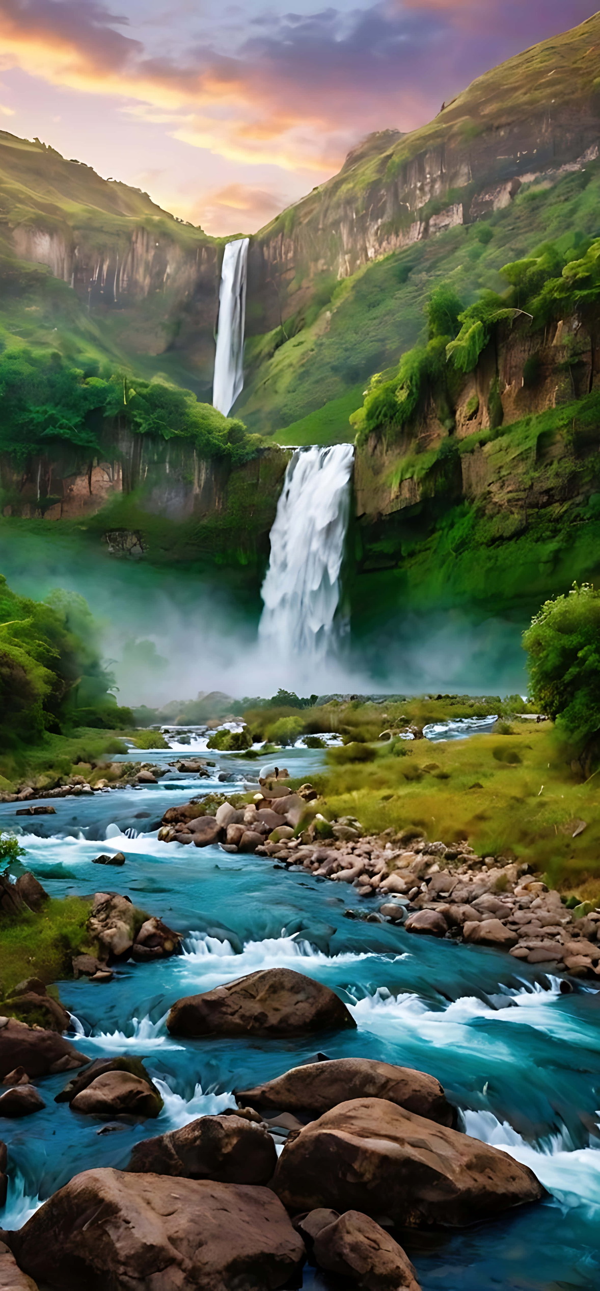 Vibrant Waterfall at Sunset Over Green Cliffs – Ultra HD iPhone 18 Nature Wallpapers