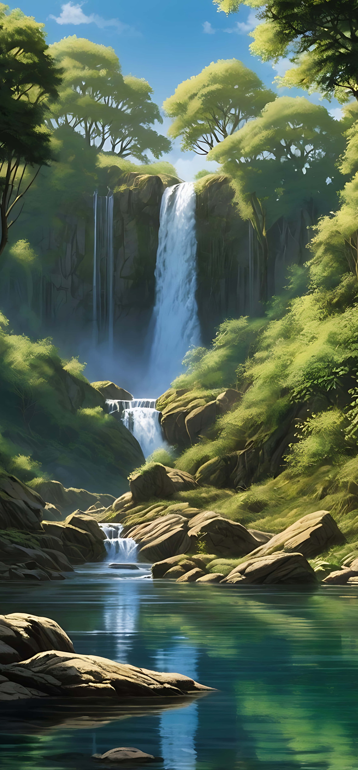 Tall Waterfall Flowing Into a Calm Blue Pool – Ultra HD iPhone 18 Nature Wallpapers